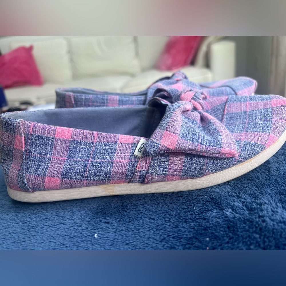 Toms Plaid Slip-On Shoes with Bow Accent